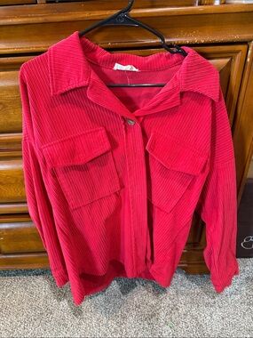 eesome Red Corduroy Utility Shacket with Front Flap Pockets